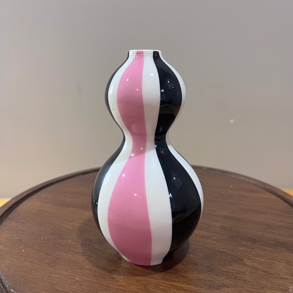 Jonathan Adler Barbie Bud Vase Pink Black White Striped Mod Gourd Porcelain 5.5"